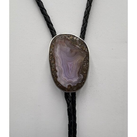 Vtg Bolo Tie Native American Purple Agate Leather Lace Sterling Silver Bullet - Picture 3 of 8